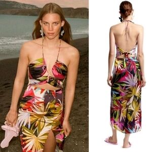 ZARA MULTICOLORED TROPICAL PRINT CUT OUT OPEN BACK DRESS SIZE S.